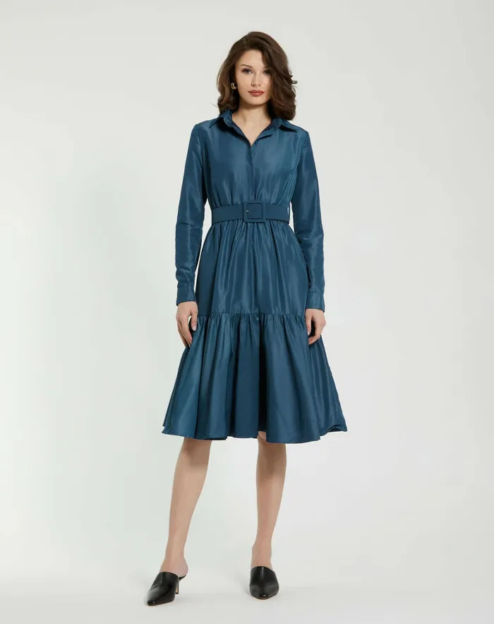 Every Day Dresses Mac Duggal Women Faille Long Sleeve Collared Midi Dress With Belt Deep Blue Every Day Dresses Mac Duggal Women Faille Long Sleeve Collared Midi Dress With Belt Deep Blue