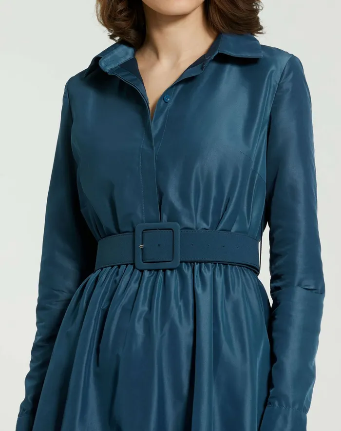 Every Day Dresses Mac Duggal Women Faille Long Sleeve Collared Midi Dress With Belt Deep Blue