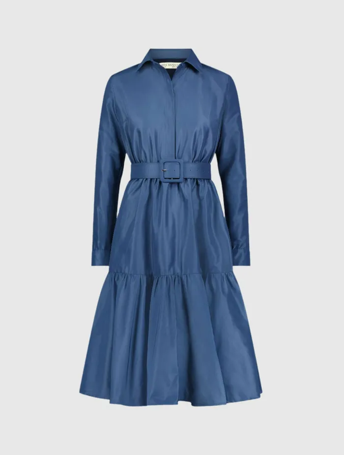 Every Day Dresses Mac Duggal Women Faille Long Sleeve Collared Midi Dress With Belt Deep Blue