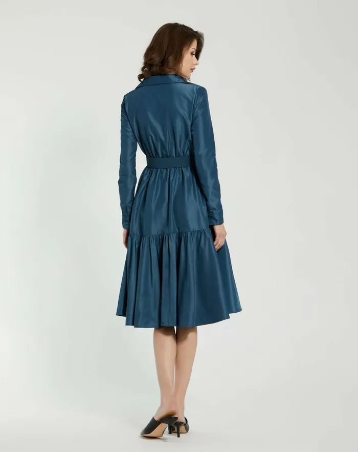 Every Day Dresses Mac Duggal Women Faille Long Sleeve Collared Midi Dress With Belt Deep Blue