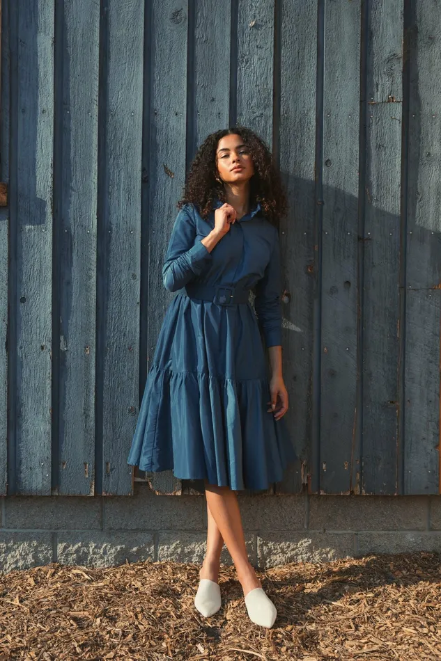 Every Day Dresses Mac Duggal Women Faille Long Sleeve Collared Midi Dress With Belt Deep Blue