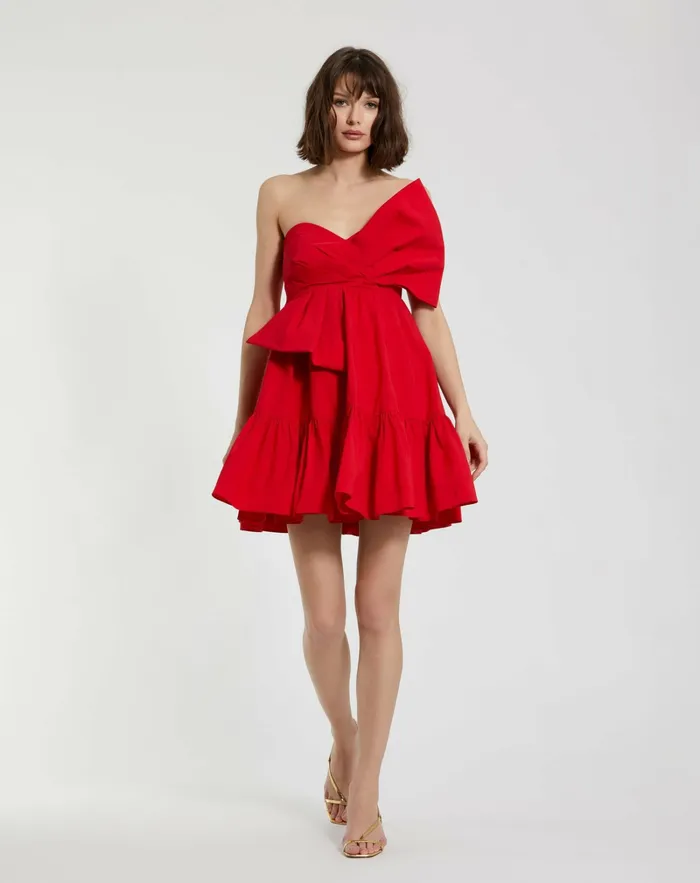 Every Day Dresses Mac Duggal Women Faille Strapless Twist Bow Mini Dress Cherry