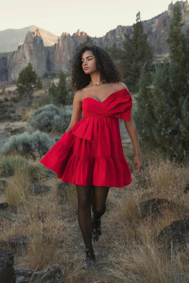 Every Day Dresses Mac Duggal Women Faille Strapless Twist Bow Mini Dress Cherry