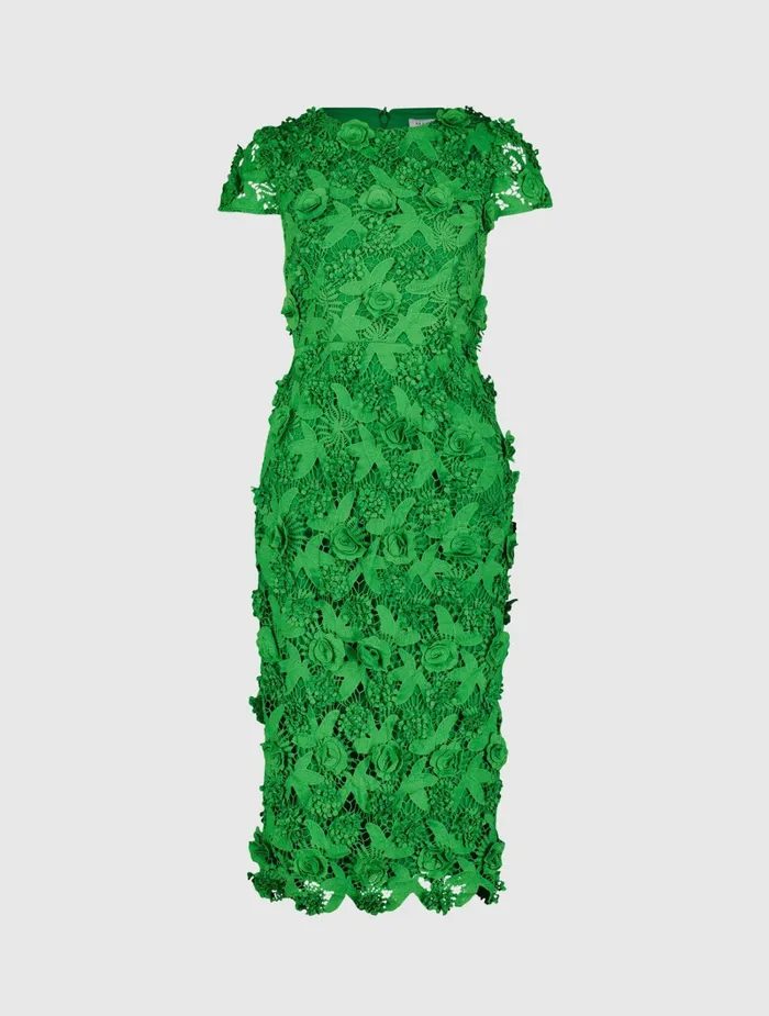 Every Day Dresses Women Floral Lace Fitted Short Sleeve Midi Dress Spring Green Mac Duggal