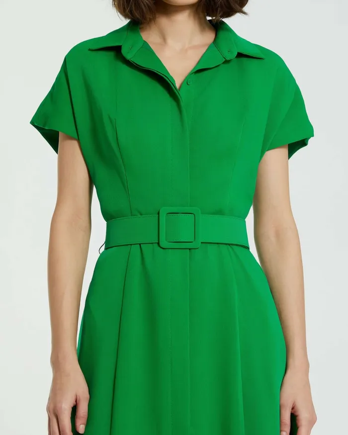 Every Day Dresses Women Mac Duggal Crepe Collared Short Sleeve Midi Dress With Belt 8211 FINAL SALE Spring Green