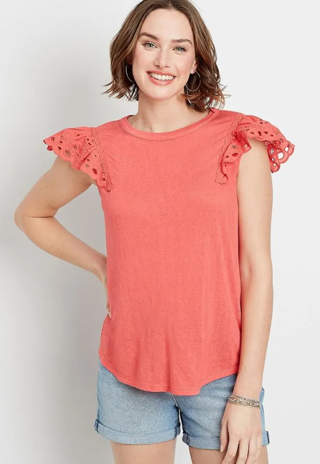 Eyelet Solid Flutter Short Sleeve Top Women Maurices Tops