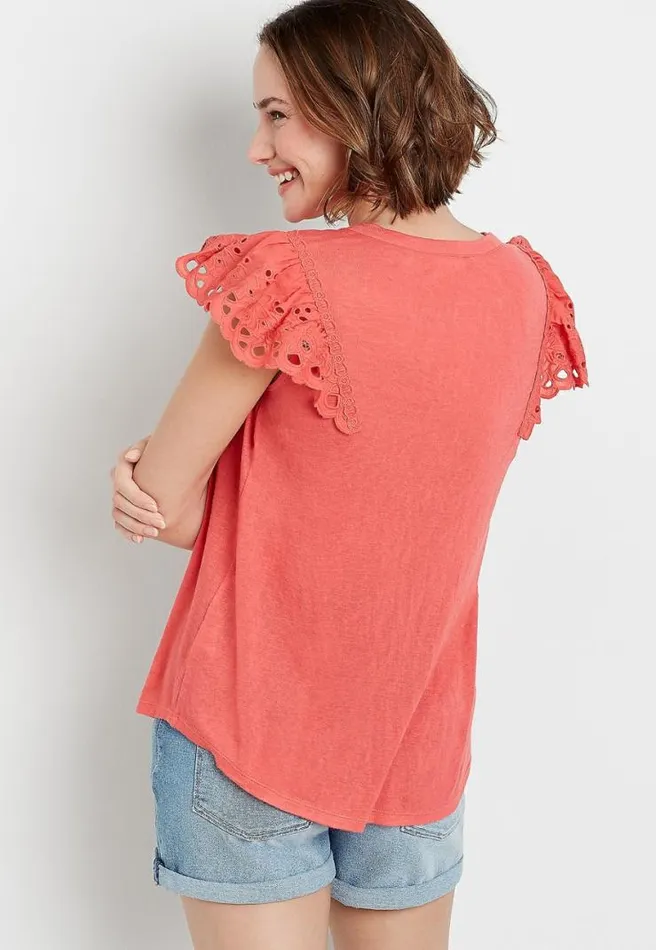 Eyelet Solid Flutter Short Sleeve Top Women Maurices Tops