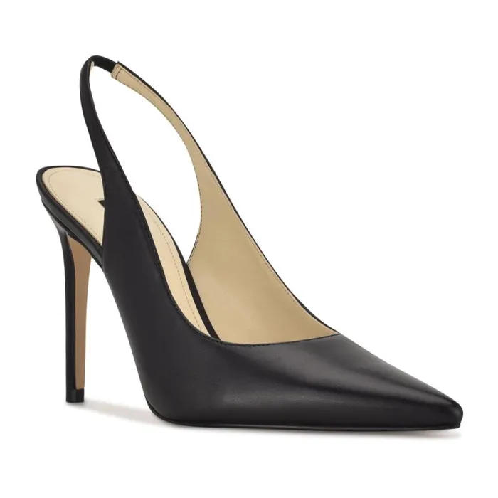Feather Pointy Toe Slingback Pumps Black Leather Women Nine West Heels