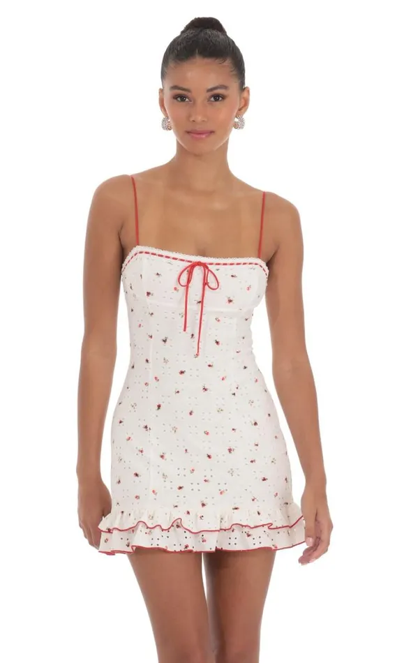 Floral Eyelet Ruffle Dress White Women LUCY IN THE SKY Mini Dresses