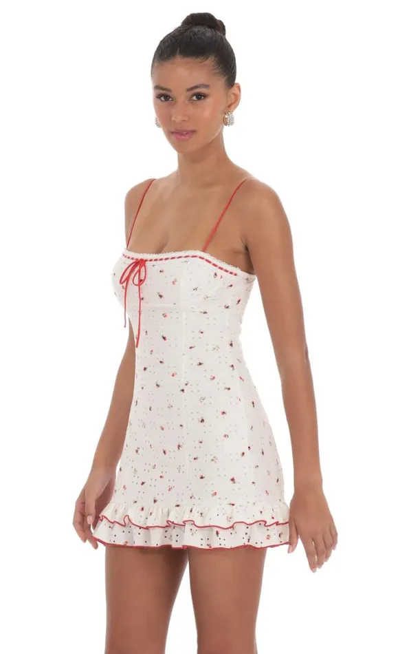 Floral Eyelet Ruffle Dress White Women LUCY IN THE SKY Mini Dresses