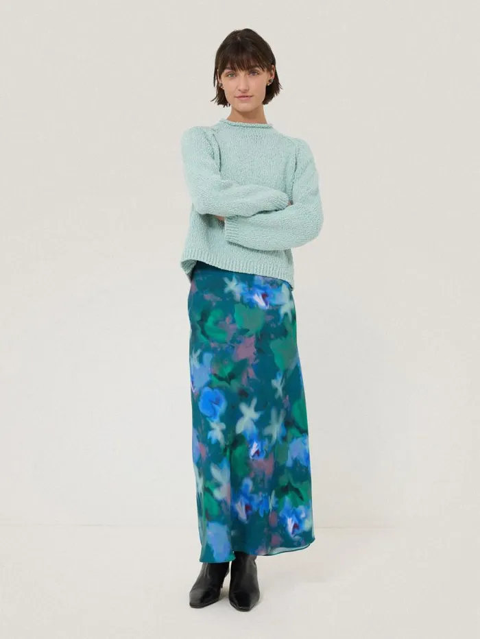 Floral Mist Asymmetric Skirt Green Women Jigsaw Skirts