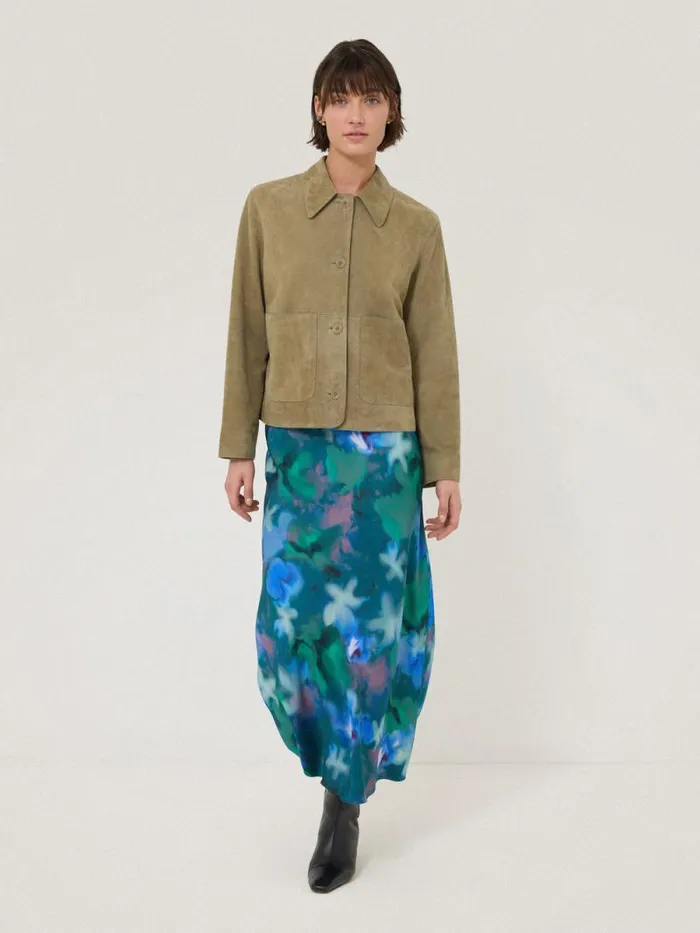 Floral Mist Asymmetric Skirt Green Women Jigsaw Skirts