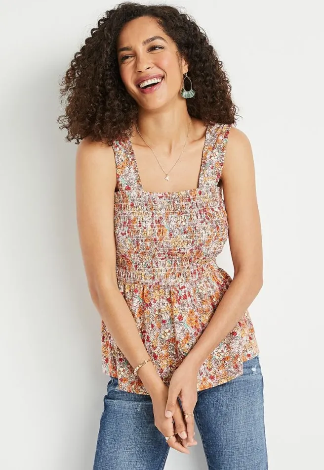 Floral Smocked Babydoll Tank Top Women Maurices Tops