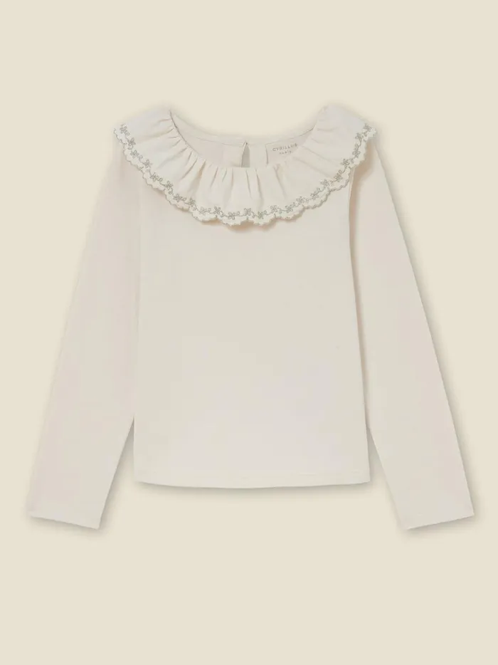 Girls Clothing Cyrillus Organic Cotton TShirt With Embroidered Collar 8211 The Christmas Collection Ecru