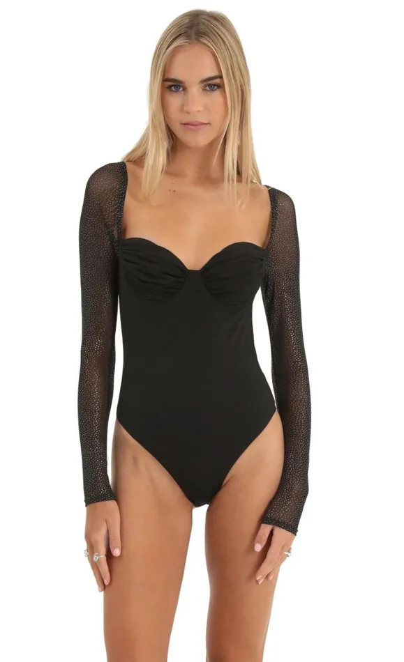 Glitter Mesh Long Sleeve Bodysuit Black Women LUCY IN THE SKY Bodysuits