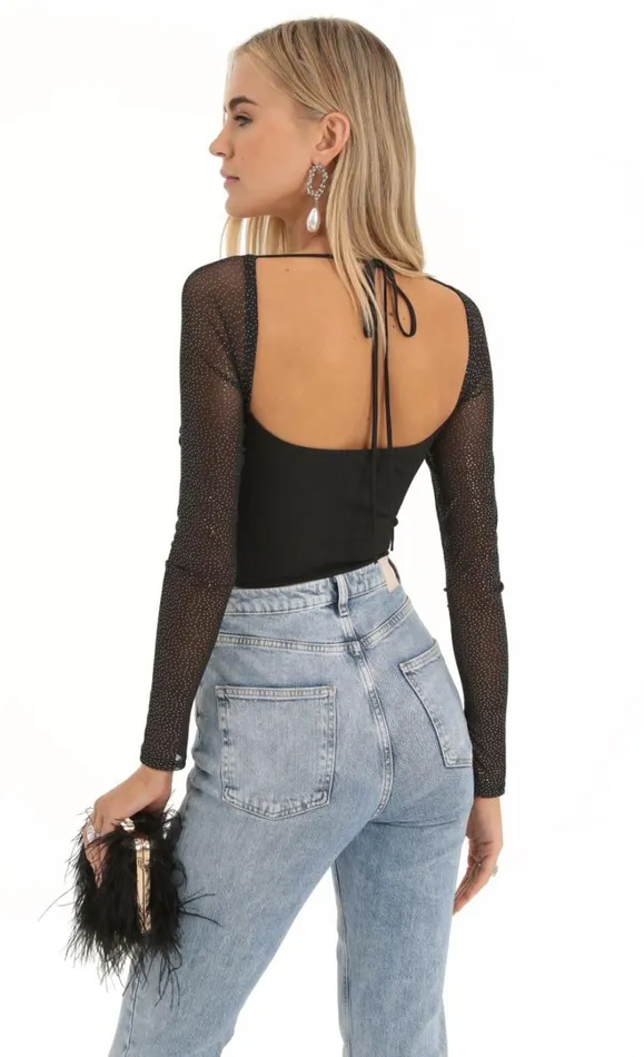 Glitter Mesh Long Sleeve Bodysuit Black Women LUCY IN THE SKY Bodysuits Glitter Mesh Long Sleeve Bodysuit Black Women LUCY IN THE SKY Bodysuits