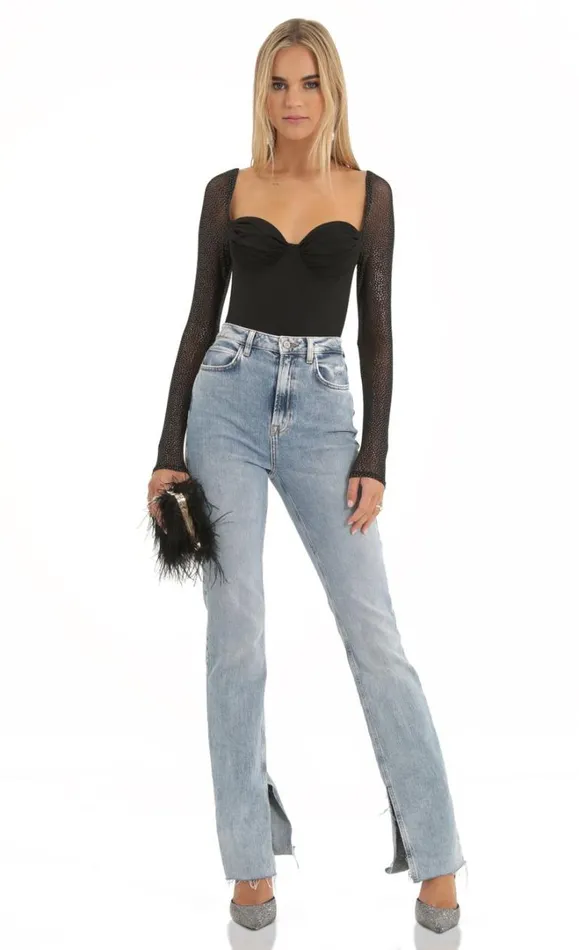 Glitter Mesh Long Sleeve Bodysuit Black Women LUCY IN THE SKY Bodysuits Glitter Mesh Long Sleeve Bodysuit Black Women LUCY IN THE SKY Bodysuits