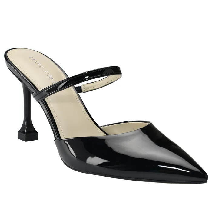 Hadais Heeled Mule Black Patent Women Mules and Slides Marc Fisher