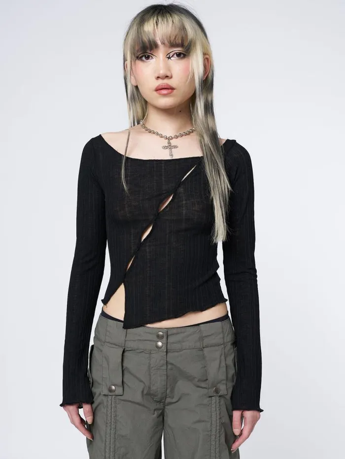 Hana Black Asymmetrical Cut Out Top Women Minga London Tops and TShirts