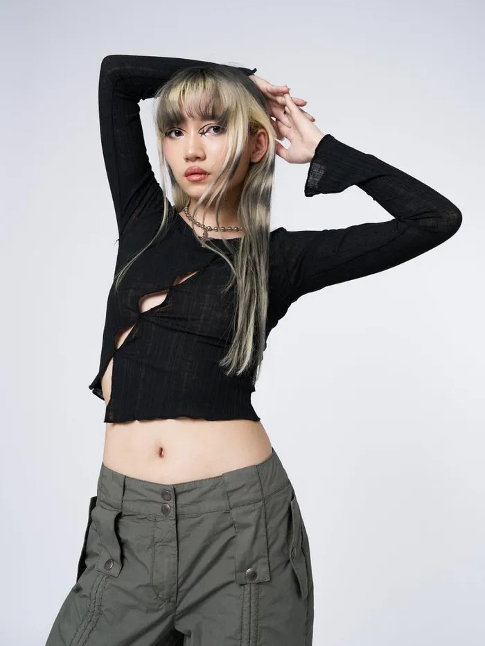 Hana Black Asymmetrical Cut Out Top Women Minga London Tops and TShirts