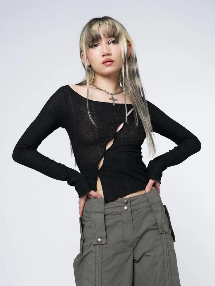 Hana Black Asymmetrical Cut Out Top Women Minga London Tops and TShirts