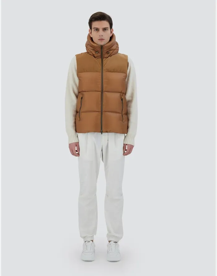 Herno VEST IN NYLON ULTRALIGHT AND LINEN VELVET Camel Men Vests