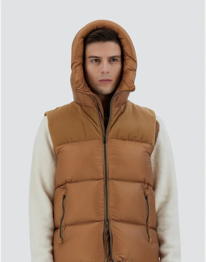 Herno VEST IN NYLON ULTRALIGHT AND LINEN VELVET Camel Men Vests