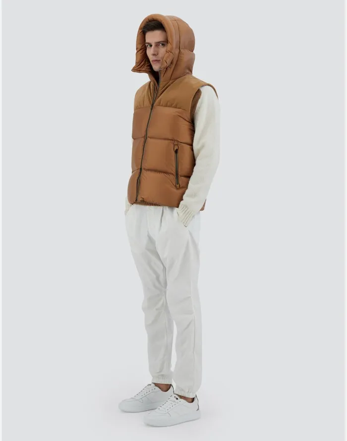 Herno VEST IN NYLON ULTRALIGHT AND LINEN VELVET Camel Men Vests