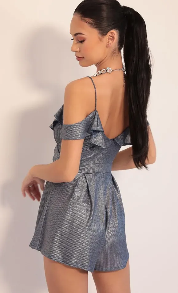 Isabella Metallic Ruffle Romper Denim Blue Women LUCY IN THE SKY Rompers