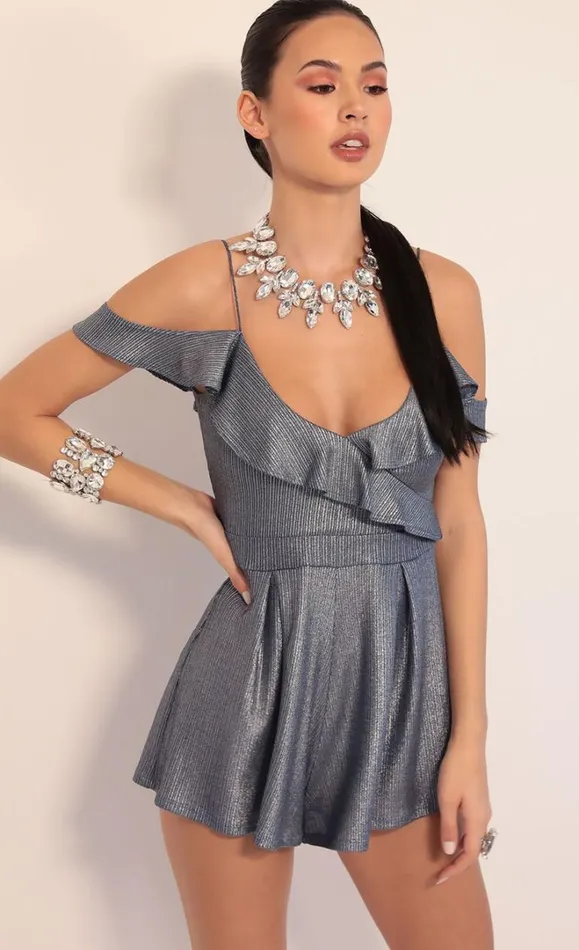 Isabella Metallic Ruffle Romper Denim Blue Women LUCY IN THE SKY Rompers