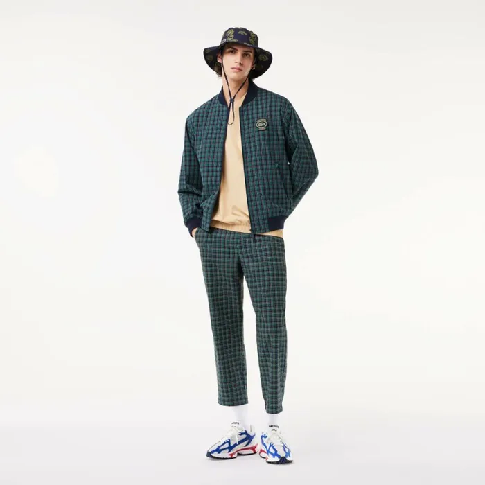Jackets and Coats Men Lacoste Men039s Checked Waterproof Harrington Jacket Navy Blue White Qrn