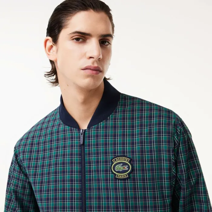 Jackets and Coats Men Lacoste Men039s Checked Waterproof Harrington Jacket Navy Blue White Qrn