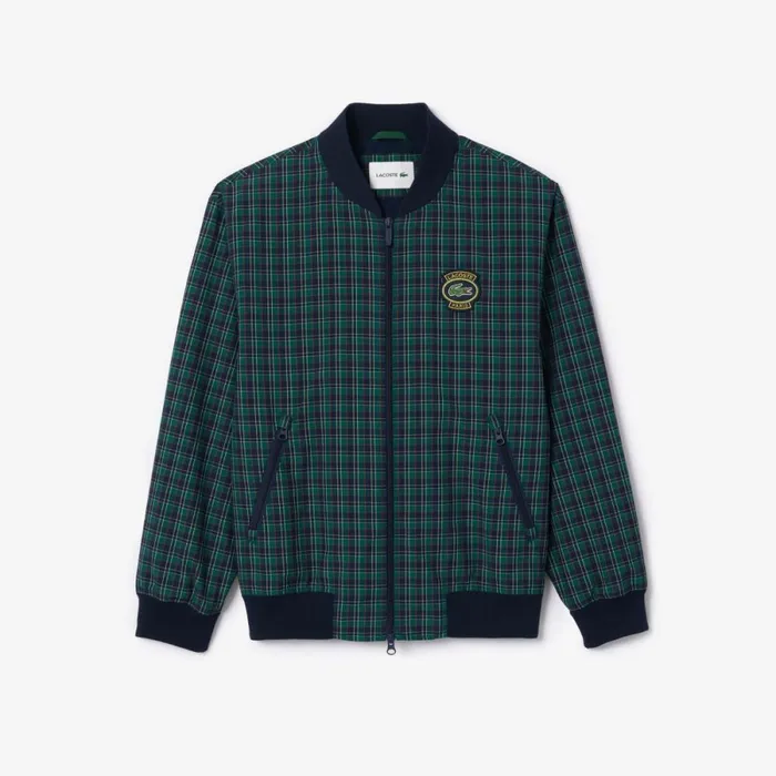 Jackets and Coats Men Lacoste Men039s Checked Waterproof Harrington Jacket Navy Blue White Qrn