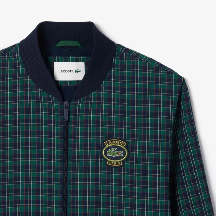 Jackets and Coats Men Lacoste Men039s Checked Waterproof Harrington Jacket Navy Blue White Qrn