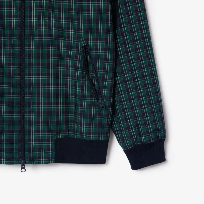 Jackets and Coats Men Lacoste Men039s Checked Waterproof Harrington Jacket Navy Blue White Qrn