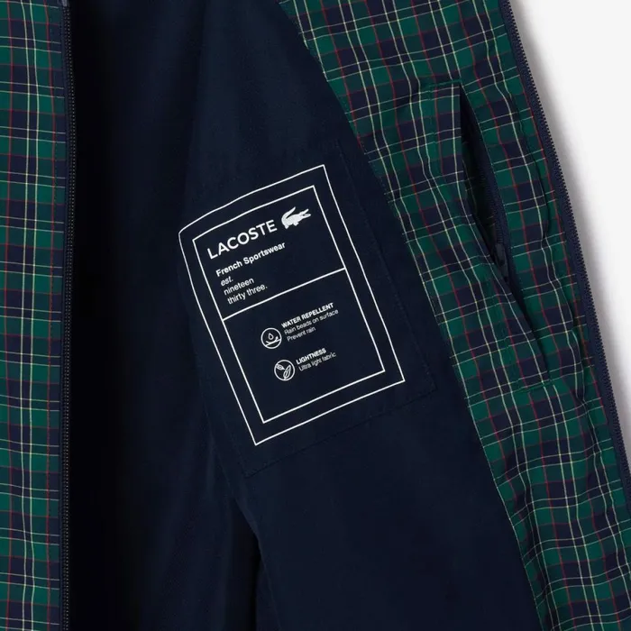 Jackets and Coats Men Lacoste Men039s Checked Waterproof Harrington Jacket Navy Blue White Qrn
