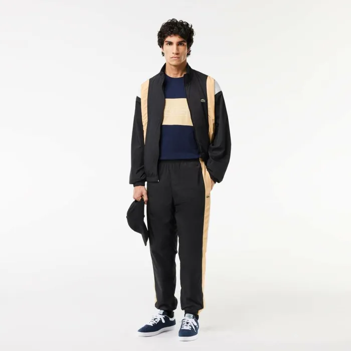 Jackets and Coats Men Lacoste Men039s Colorblock Waterproof Track Jacket Black Beige White Ikh