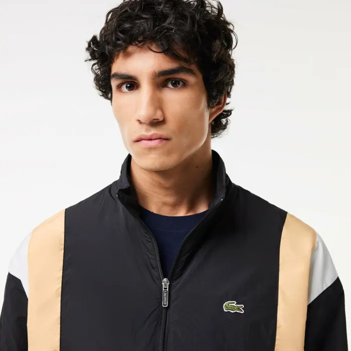 Jackets and Coats Men Lacoste Men039s Colorblock Waterproof Track Jacket Black Beige White Ikh