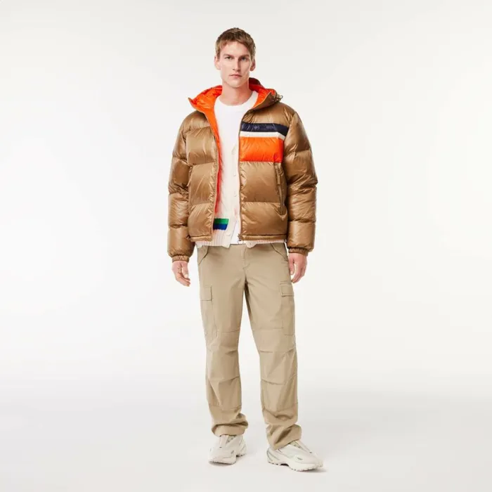 Jackets and Coats Men Lacoste Men039s Reversible Colorblock Accent Down Jacket Brown White Orange Qit