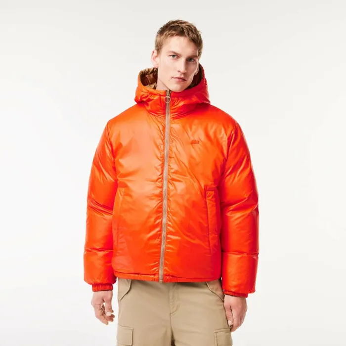 Jackets and Coats Men Lacoste Men039s Reversible Colorblock Accent Down Jacket Brown White Orange Qit