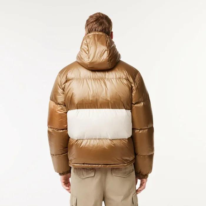 Jackets and Coats Men Lacoste Men039s Reversible Colorblock Accent Down Jacket Brown White Orange Qit
