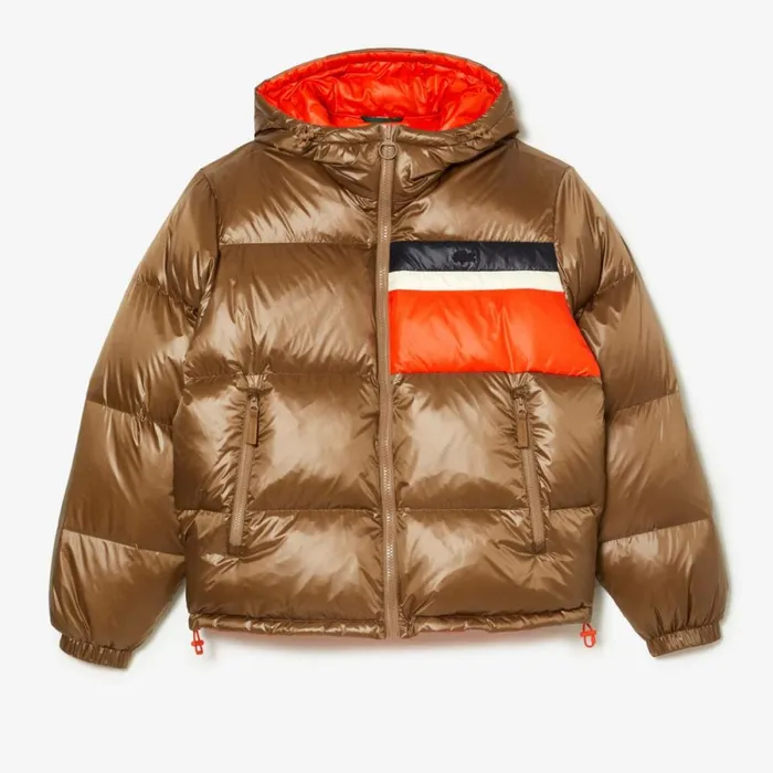 Jackets and Coats Men Lacoste Men039s Reversible Colorblock Accent Down Jacket Brown White Orange Qit