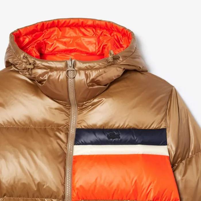 Jackets and Coats Men Lacoste Men039s Reversible Colorblock Accent Down Jacket Brown White Orange Qit