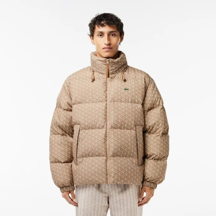Jackets and Coats Men Lacoste Men039s Stowable Hood Down Jacket Brown Beige White Qiz