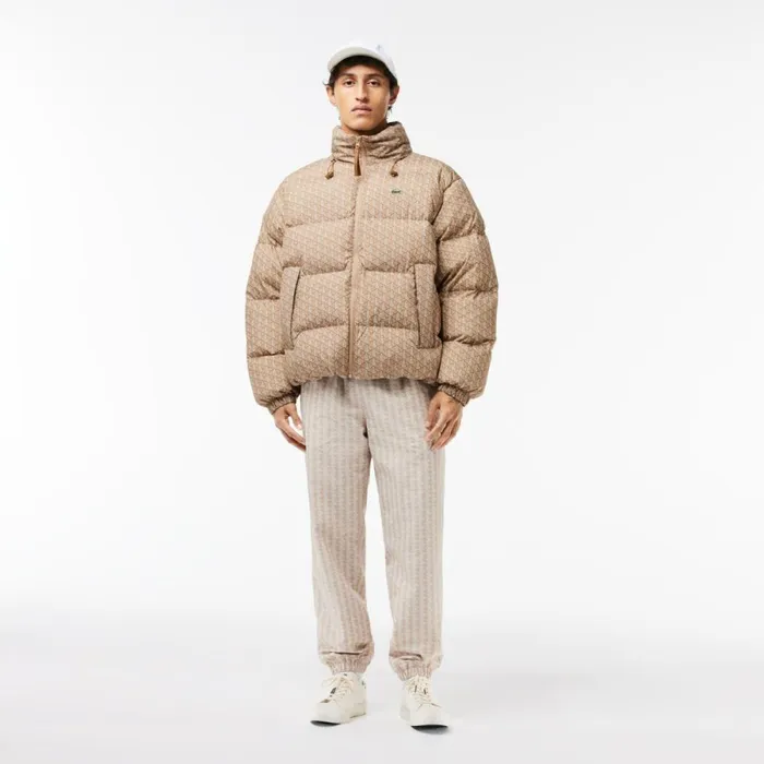 Jackets and Coats Men Lacoste Men039s Stowable Hood Down Jacket Brown Beige White Qiz