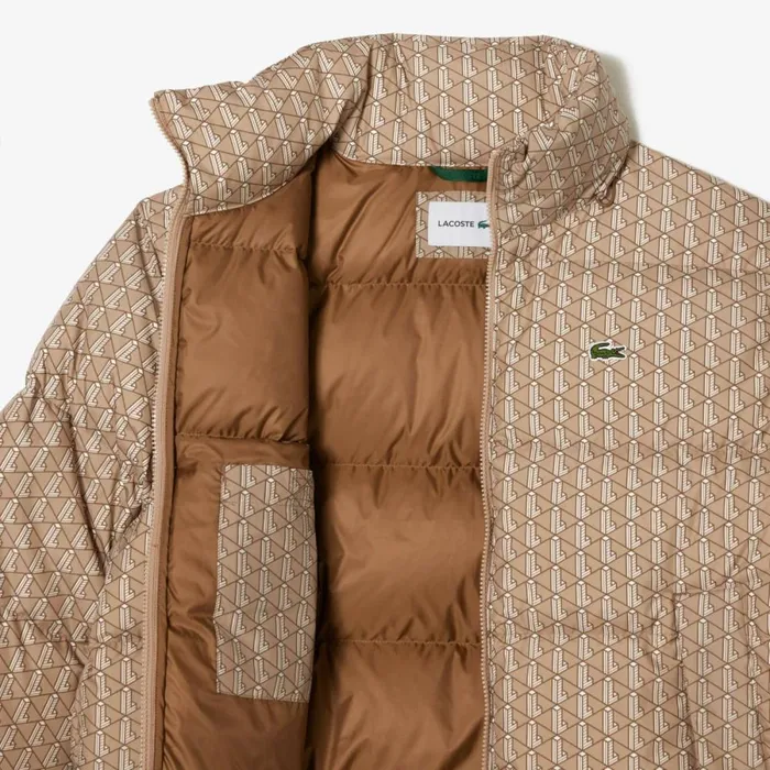Jackets and Coats Men Lacoste Men039s Stowable Hood Down Jacket Brown Beige White Qiz
