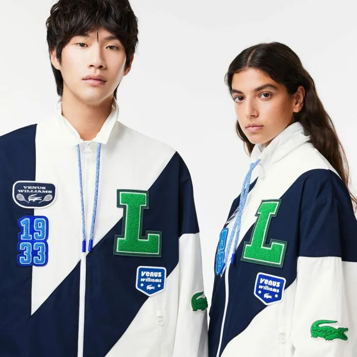 Jackets and Coats MenWomen Lacoste Lacoste X EleVen By Venus Oversized Track Jacket White Navy Blue Ev0