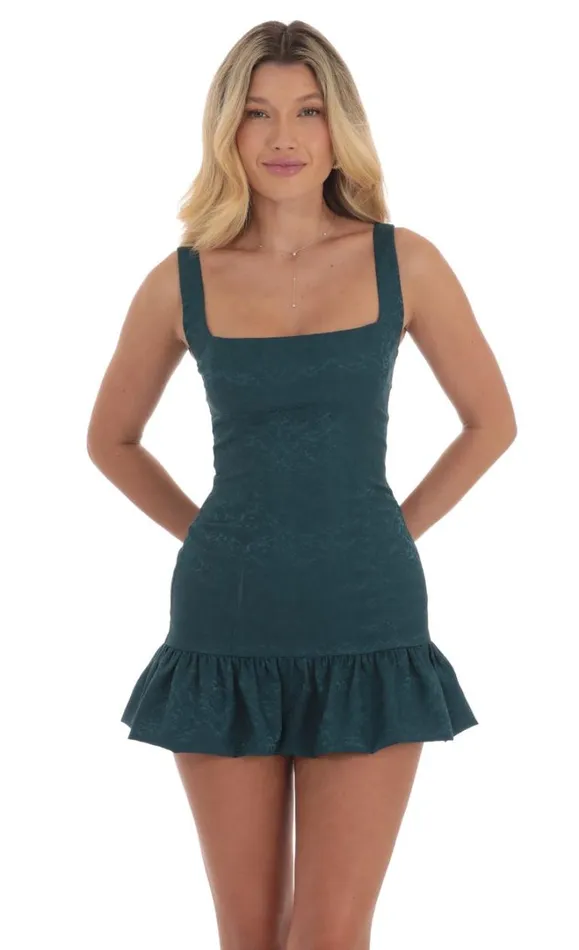 Jacquard Bubble Ruffle Dress Teal Women LUCY IN THE SKY Mini Dresses