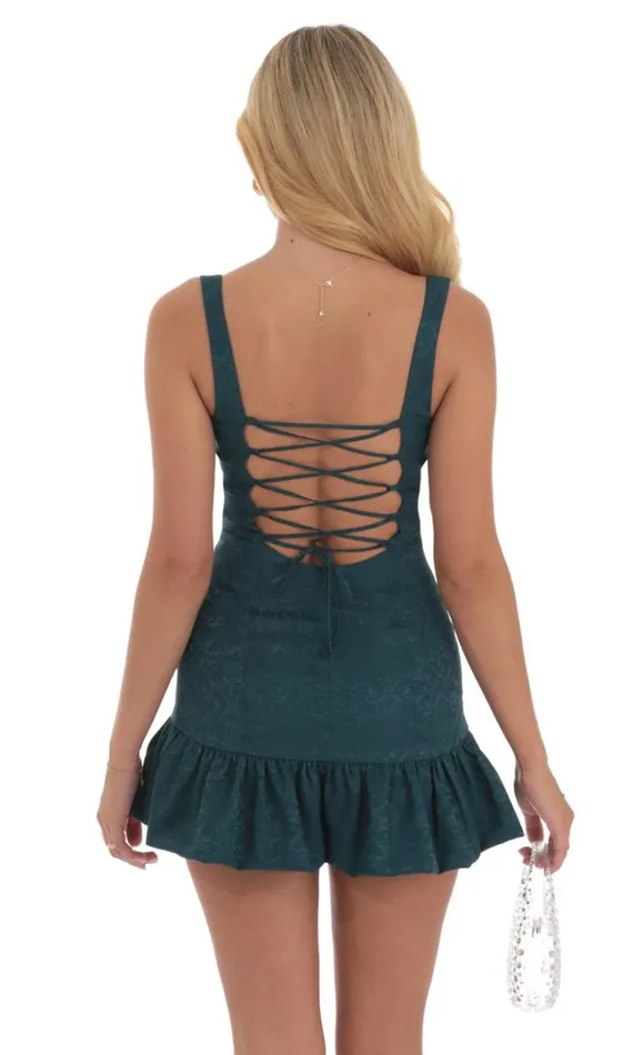 Jacquard Bubble Ruffle Dress Teal Women LUCY IN THE SKY Mini Dresses