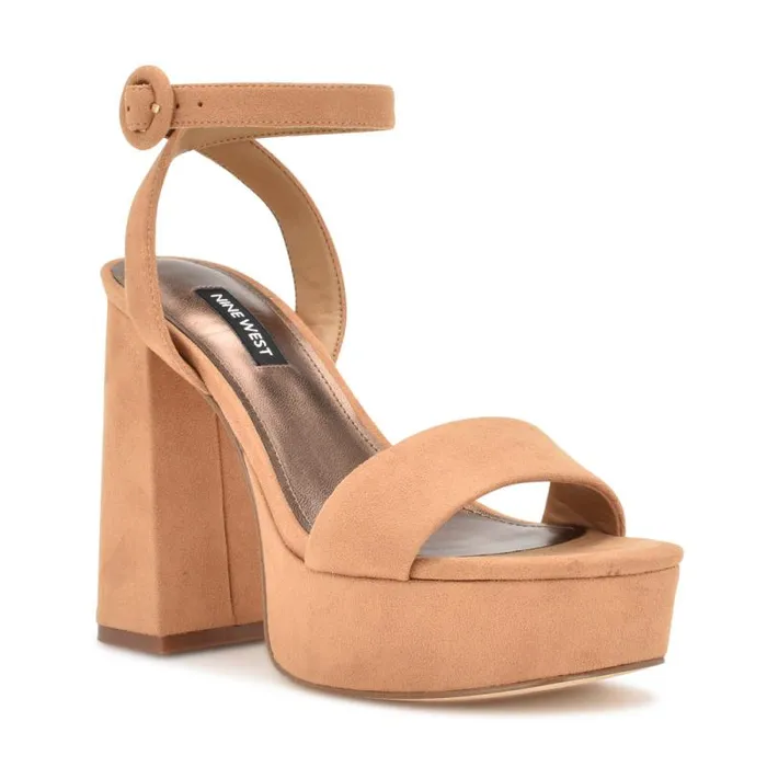 Jans Platform Sandals Cognac Suede Women Nine West Heels